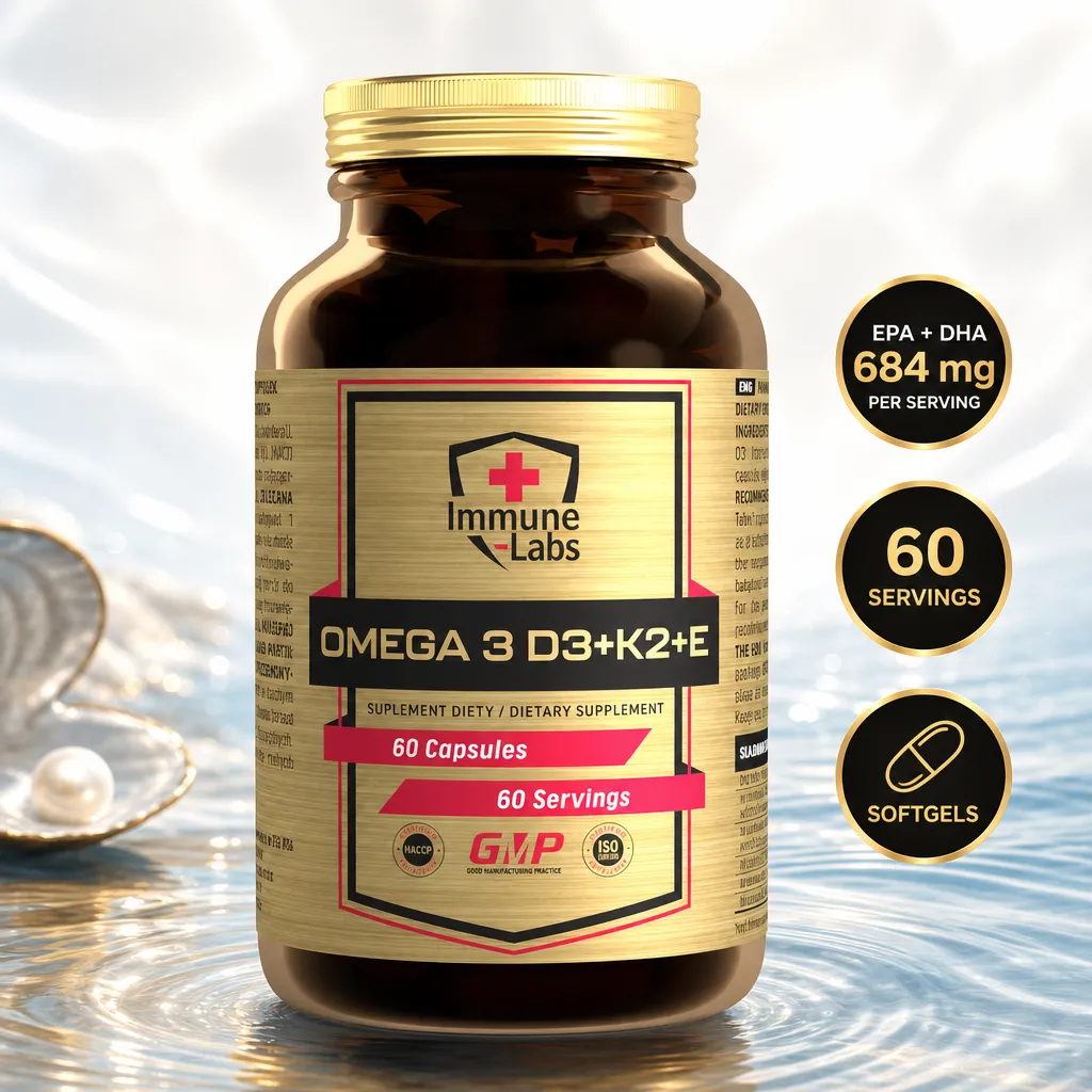 Immune Labs Omega 3 D3+K2+E dietary supplement, 60 softgels with omega-3, vitamins D3, K2 and E in an amber bottle.