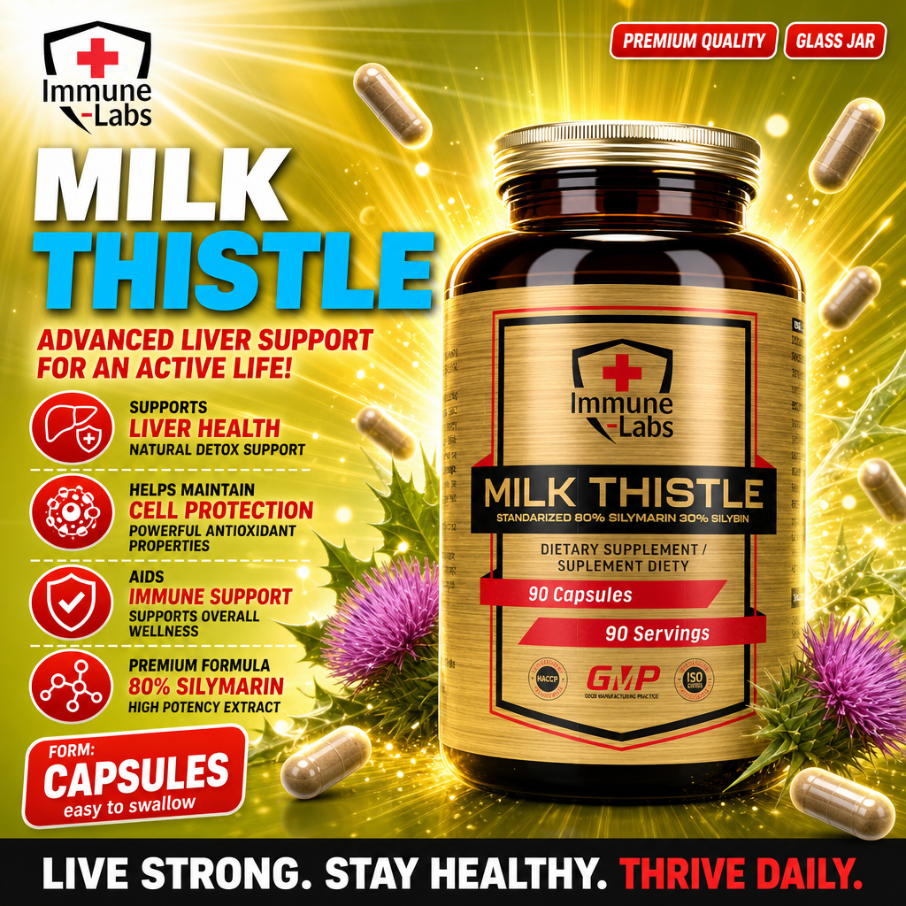 Immune Labs Milk Thistle 400mg 90 Caps bottle with label showing dosage and supplement details