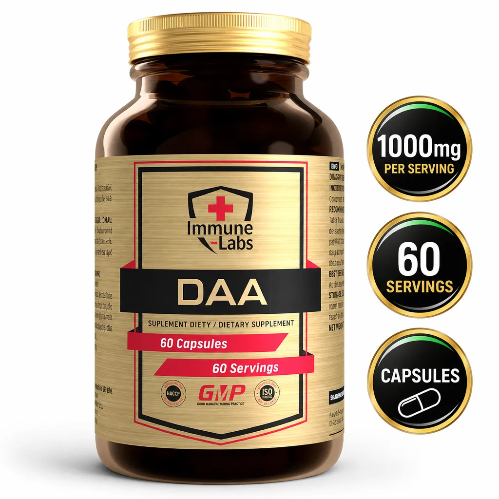 Immune Labs DAA 1000mg dietary supplement in capsule form, with 60 capsules and 60 servings in a brown bottle