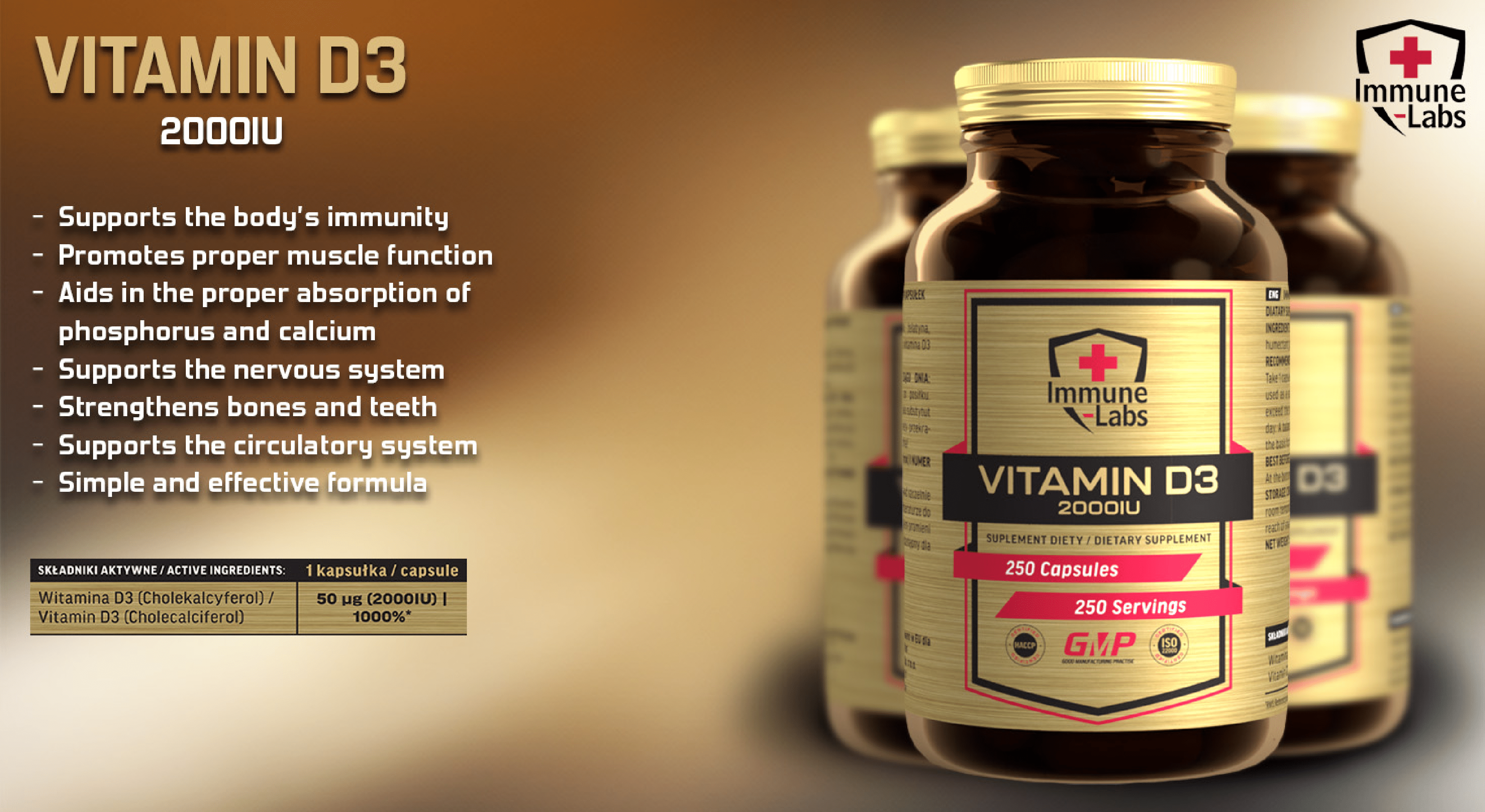 Immune Labs Vitamin D3 2000IU - 250 Caps