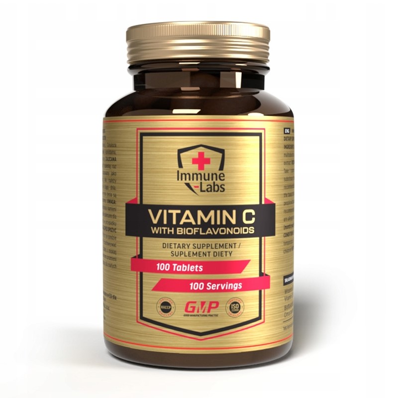 Immune Labs Vitamin C + Bioflavonoids tablets, round white tablets displayed next to the product bottle