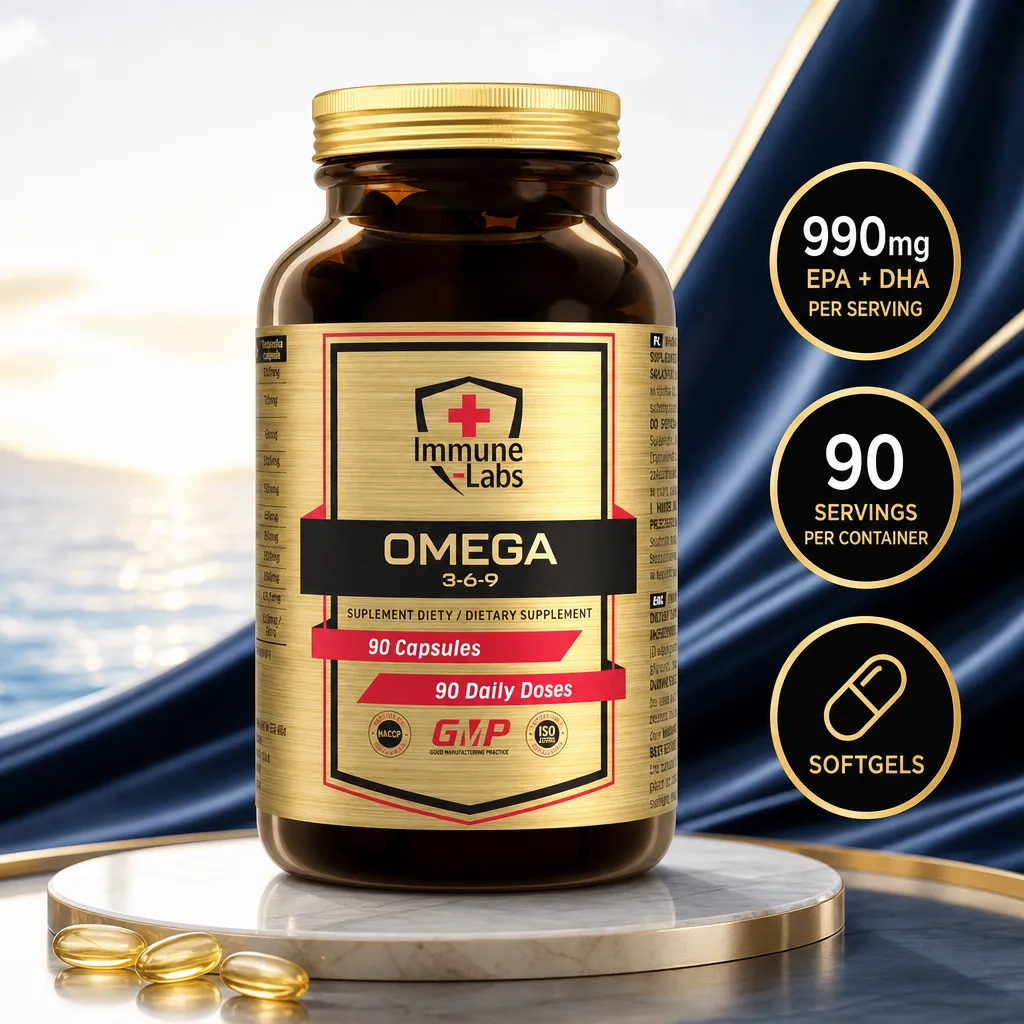 Immune Labs Omega 3-6-9 dietary supplement with 90 softgels in an amber bottle