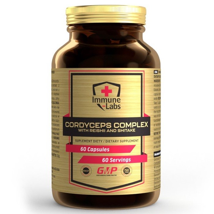 Immune Labs Cordyceps Complex capsules, small yellowish capsules displayed next to the supplement bottle.