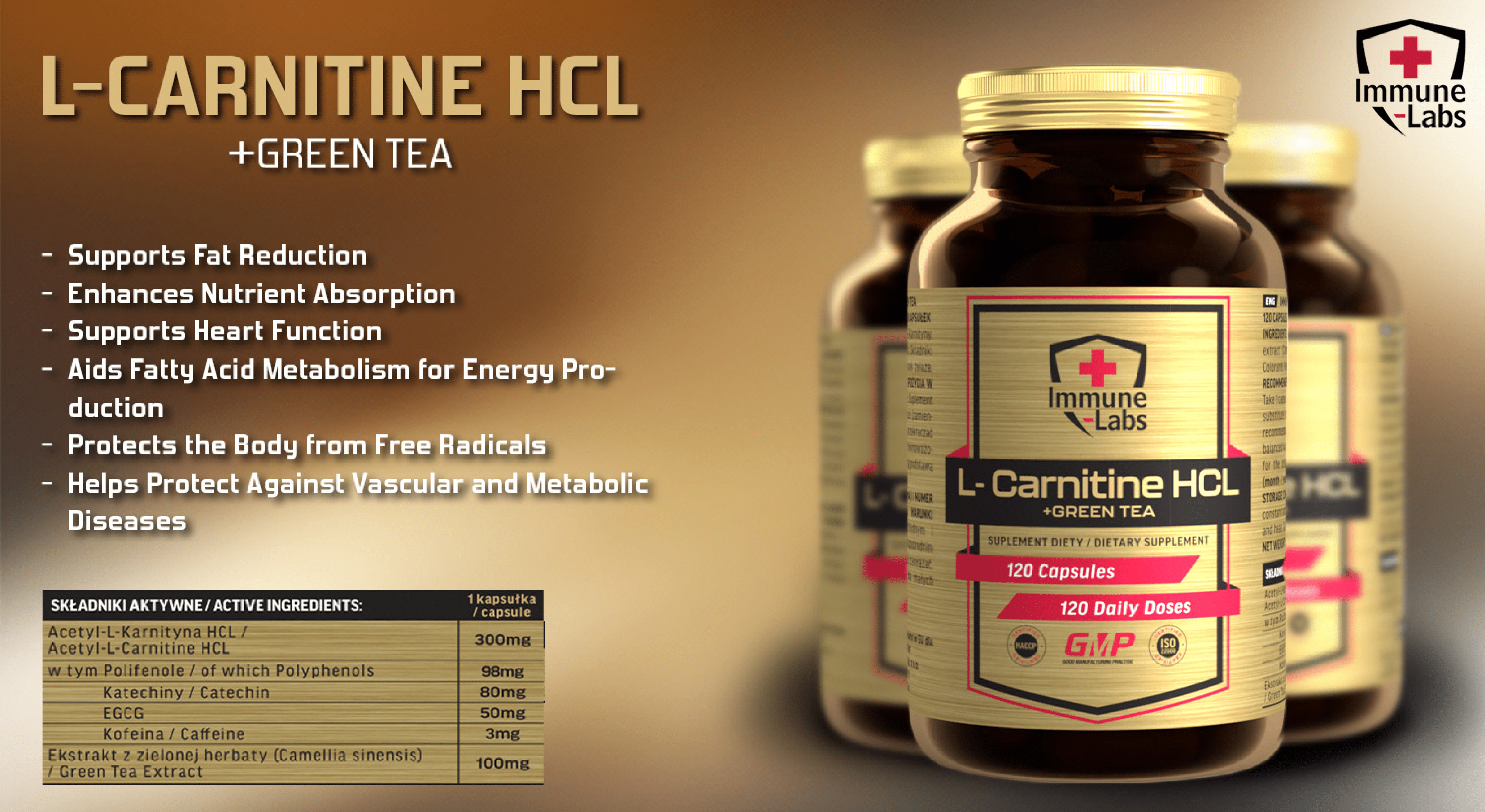 Immune Labs L-Carnitine HCL + Green Tea - 120 Caps