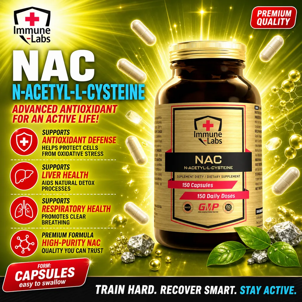 Immune Labs NAC N-Acetyl-L-Cysteine dietary supplement, 150 capsules, high-purity antioxidant formula for liver and respiratory health, in a gold and black bottle.