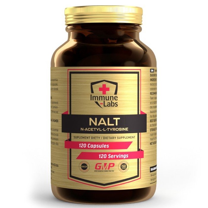 Immune Labs NALT 350mg capsules, clear gelatin capsules filled with white powder, shown outside the bottle