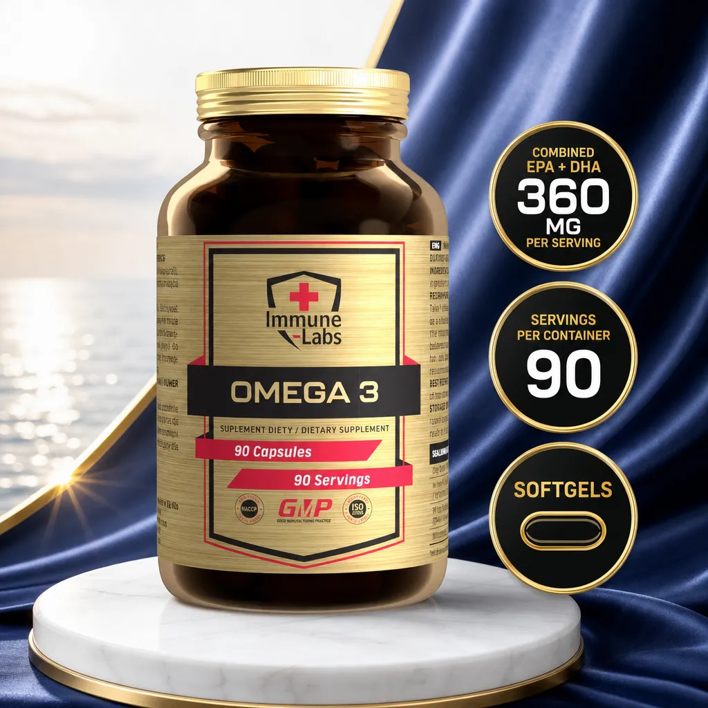 Immune Labs Omega 3 90 Softgels fish oil supplement in a brown bottle, with 90 softgels and 360 mg combined EPA and DHA per serving
