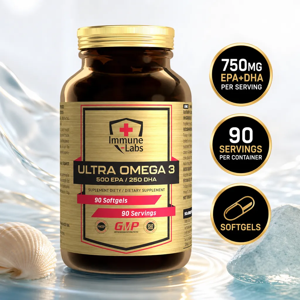 Immune Labs Ultra Omega 3 supplement with 500 mg EPA and 250 mg DHA, 90 softgels in a brown bottle