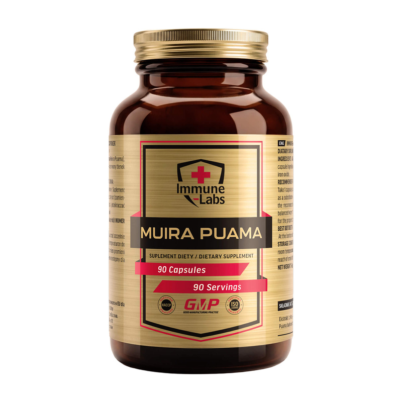 Close-up of Immune Labs Muira Puama 400mg capsules, standard size, in clear or colored gelatin shells