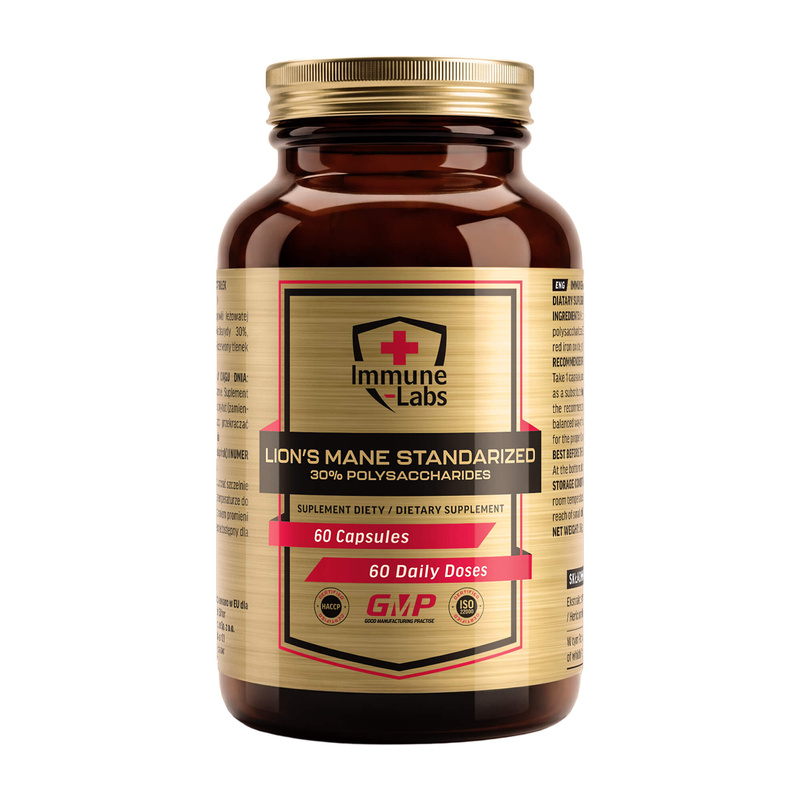 Close-up of Immune Labs Lion's Mane capsules, small gelatin capsules with light brown powder inside