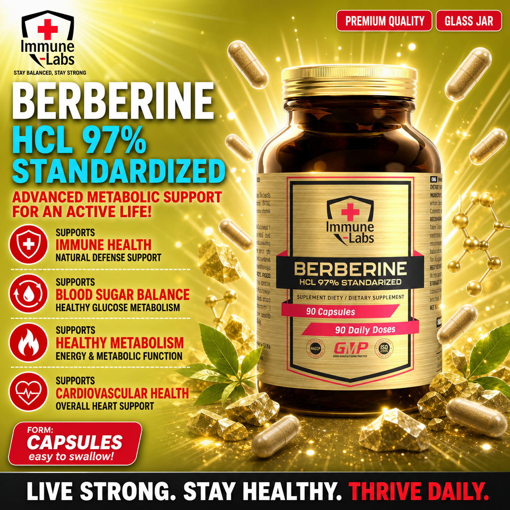 Immune Labs Berberine HCL 97% 90 Caps bottle with label, containing 90 dietary supplement capsules