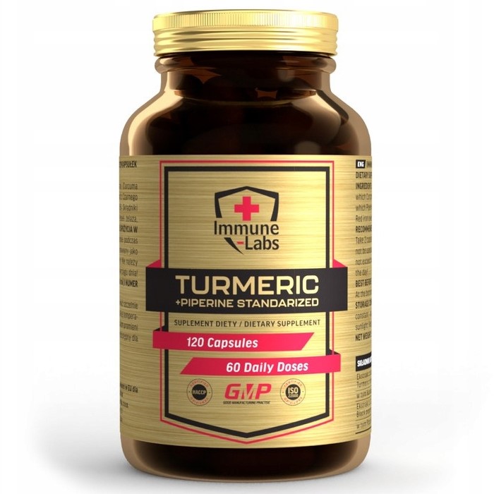 Supplement facts panel of Immune Labs Turmeric + Piperine 120 Caps, displaying ingredient details.