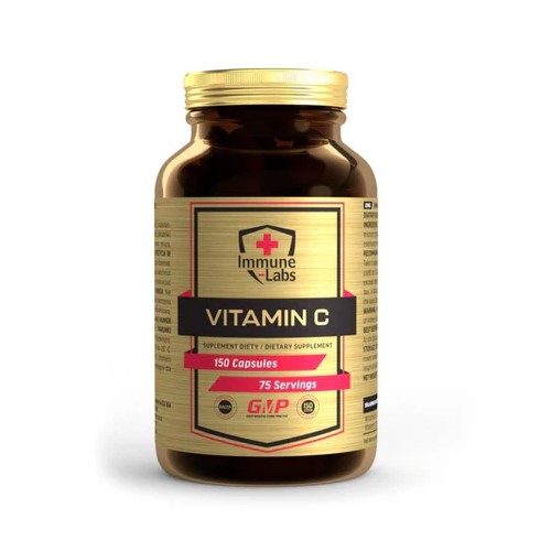 Immune Labs Vitamin C 500mg 150 Caps packaging, highlighting product branding and capsule count.
