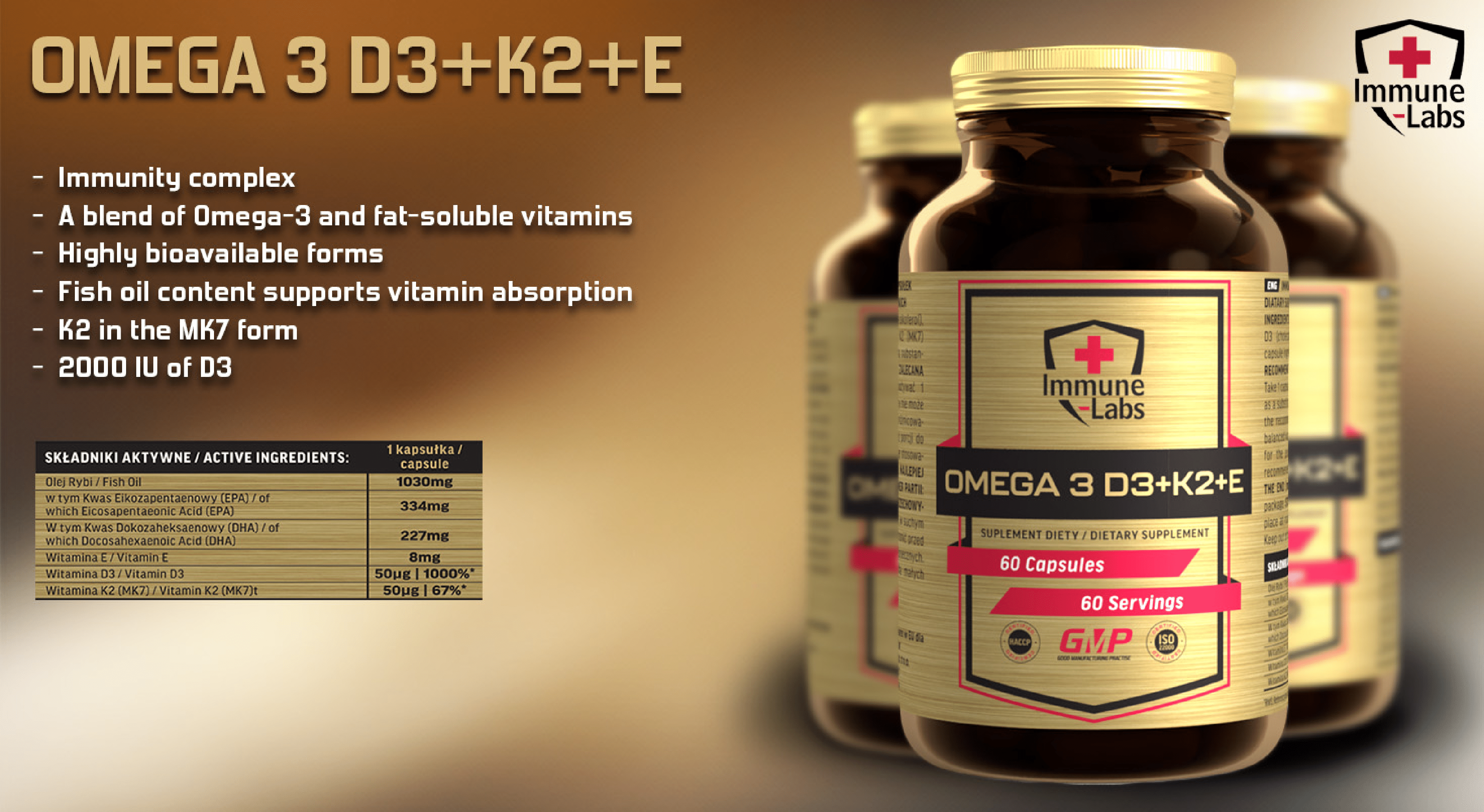 Immune Labs Omega 3 D3+K2+E - 60 Softgels