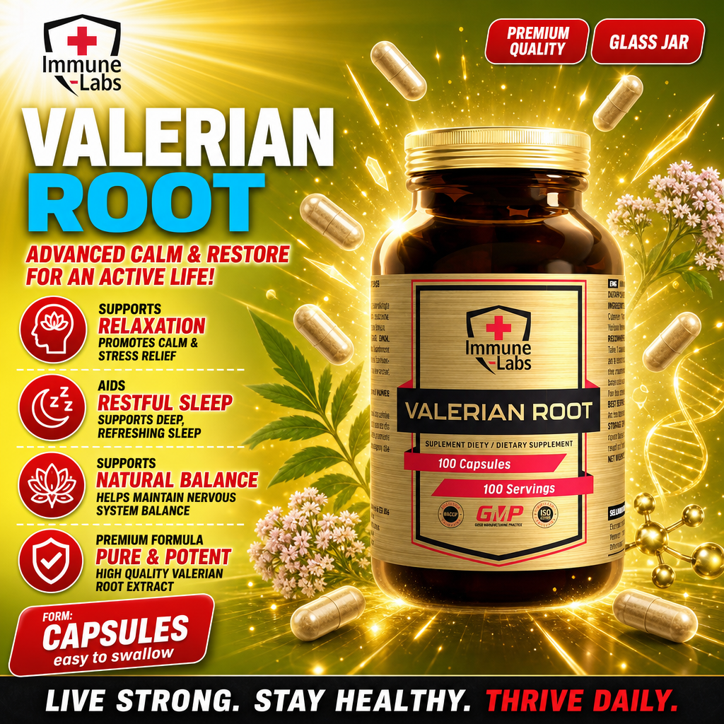 Immune Labs Valerian 450mg 100 Caps bottle, white plastic container with label and screw cap